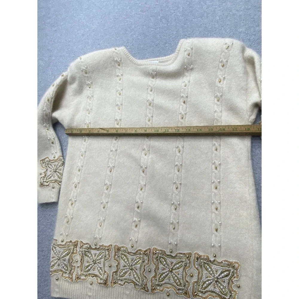 Vintage Marisa Christina Sweater Tunic Womens L White Beaded Pearl 80s